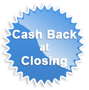 A blue and white sticker with the words cash back at closing.